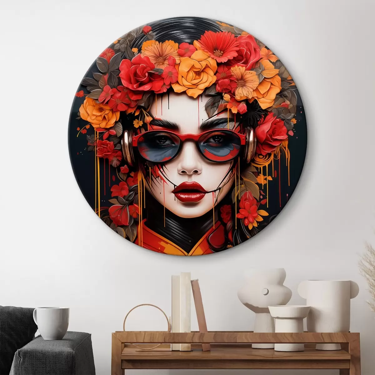 Quadri rotondi Donna con fiori in testa, stile street art r43362