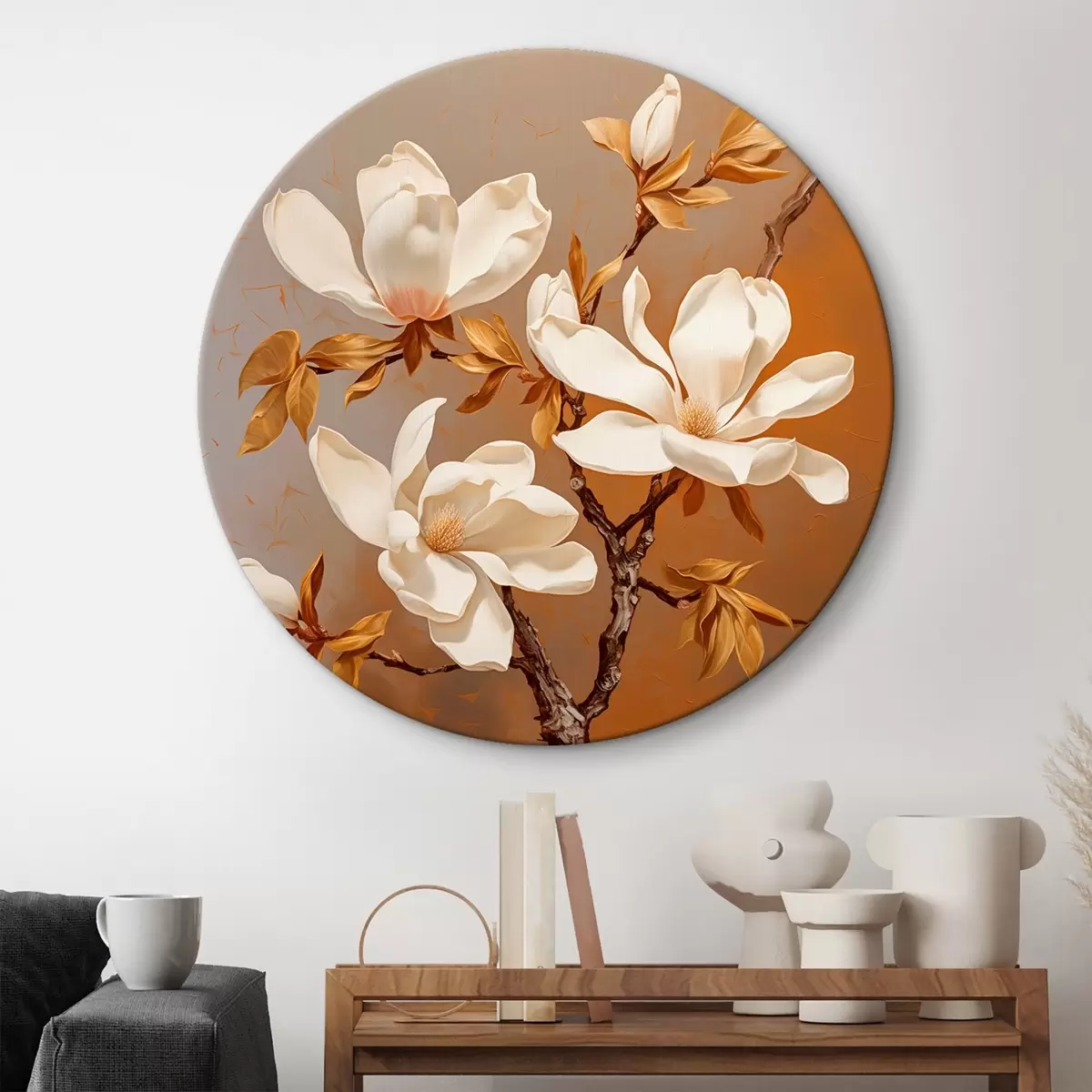 Quadri rotondi Stile di pittura a olio con una magnolia bianca su un ramo su uno sfondo giallo r43361