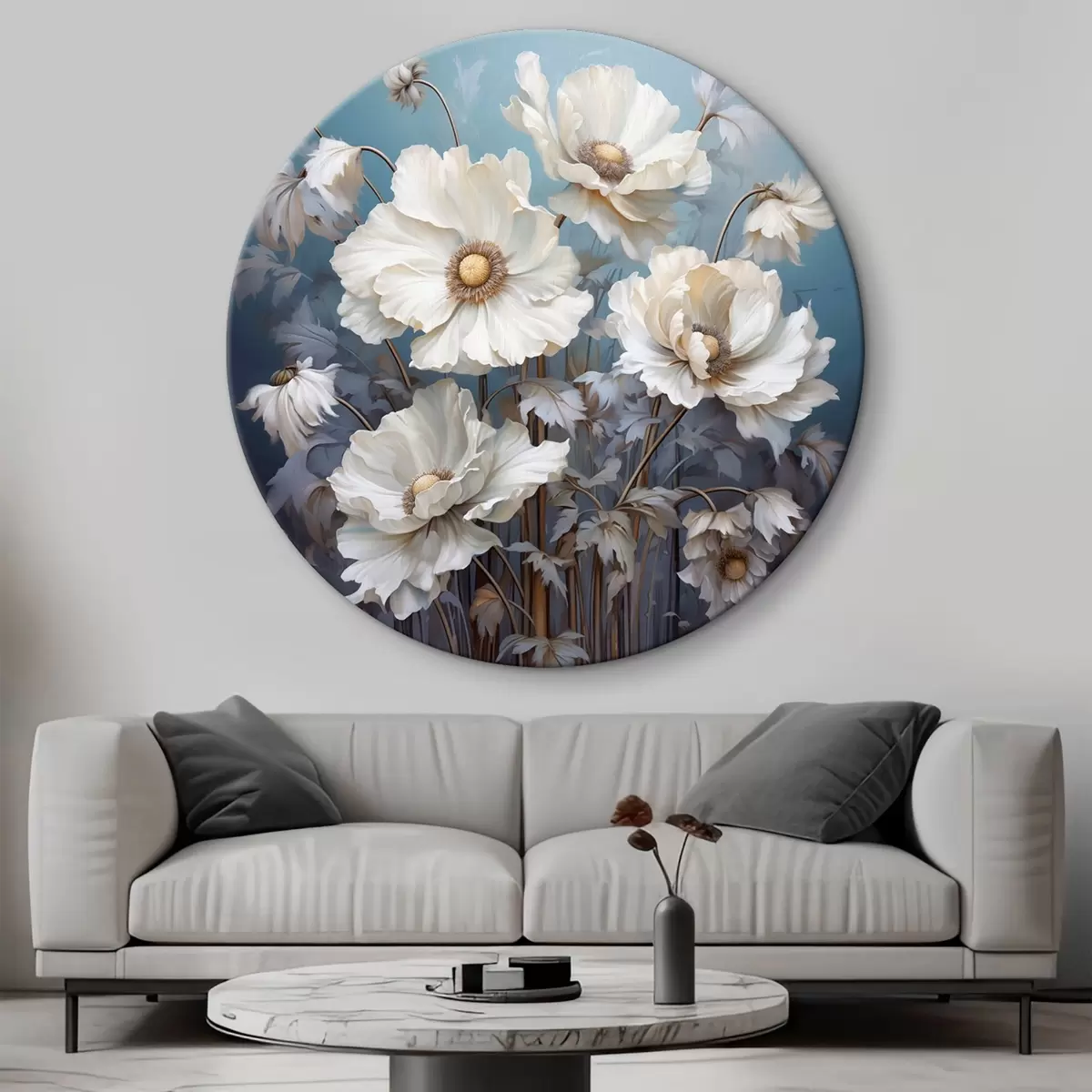 Quadri rotondi Bouquet bianco di peonie su sfondo blu in stile pittura r43370