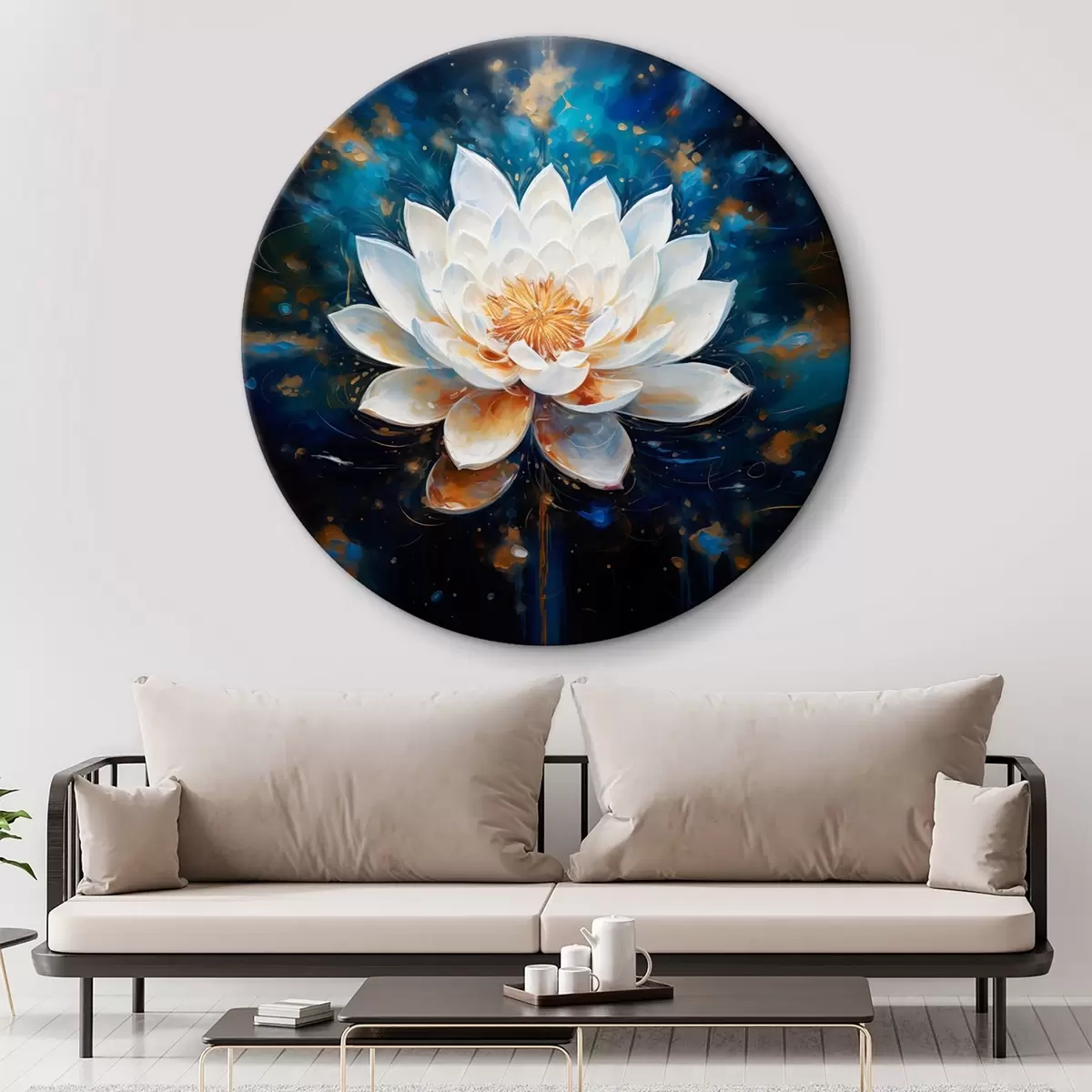 Quadri rotondi Loto bianco su sfondo blu in stile pittura r43371