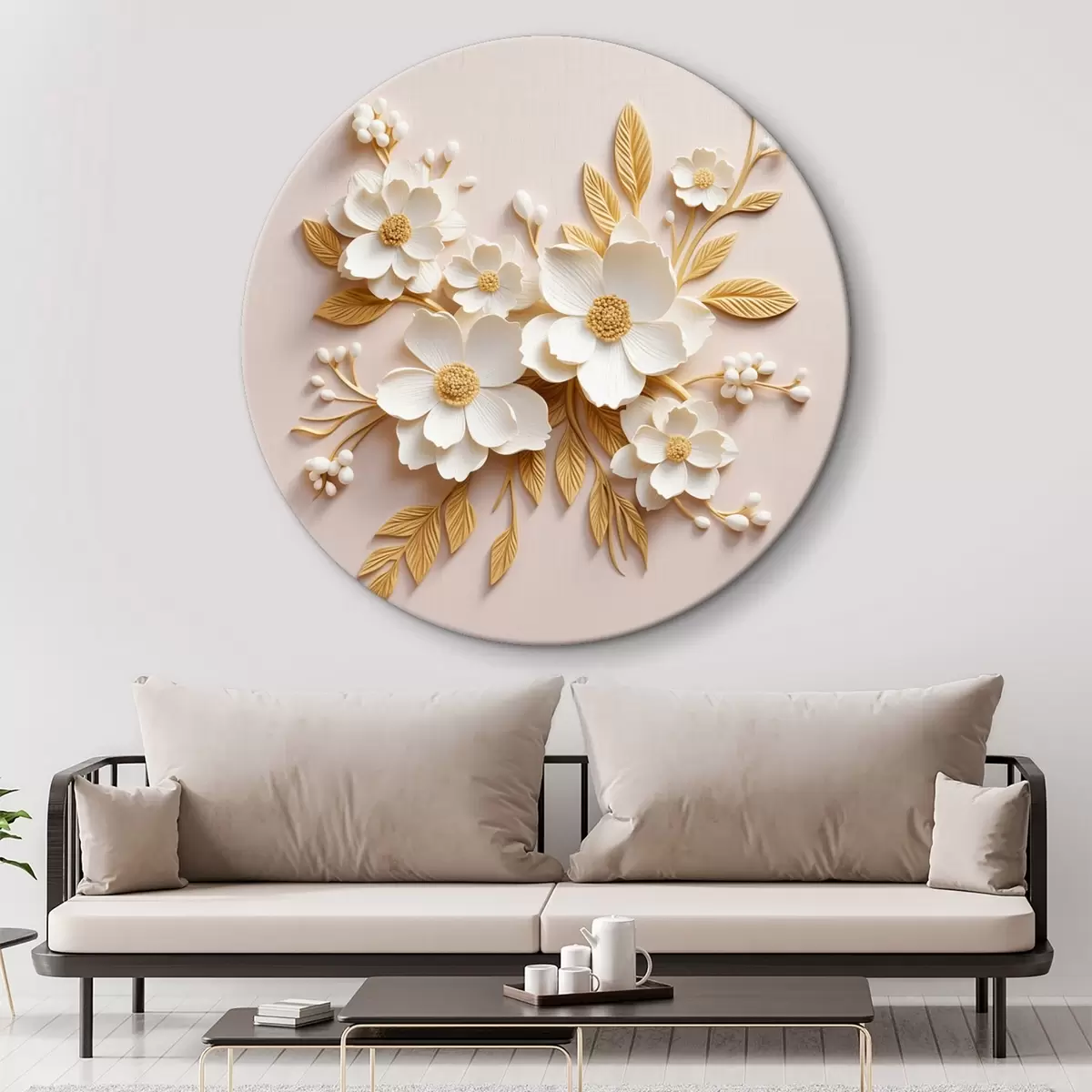Quadri rotondi fiori bianchi 3D con foglie su sfondo crema r43383