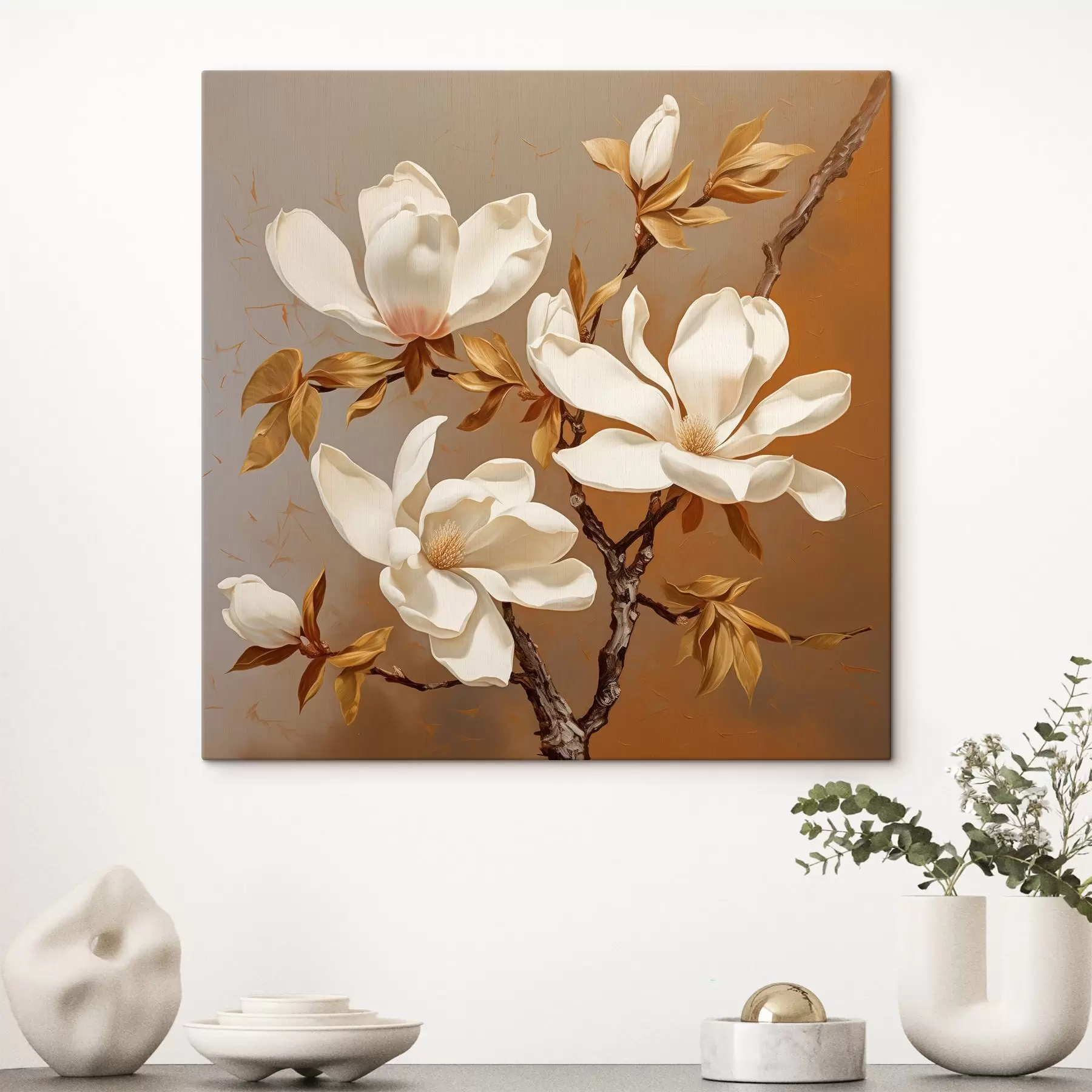 carta da parati Stile di pittura a olio con una magnolia bianca su un ramo su uno sfondo giallo nr. s43361