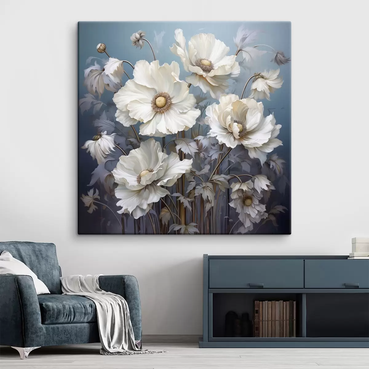 carta da parati Bouquet bianco di peonie su sfondo blu in stile pittura nr. s43370
