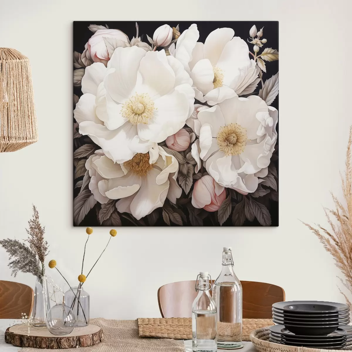 carta da parati Fiori di peonia bianchi su sfondo scuro in stile pittura acrilica nr. s43379