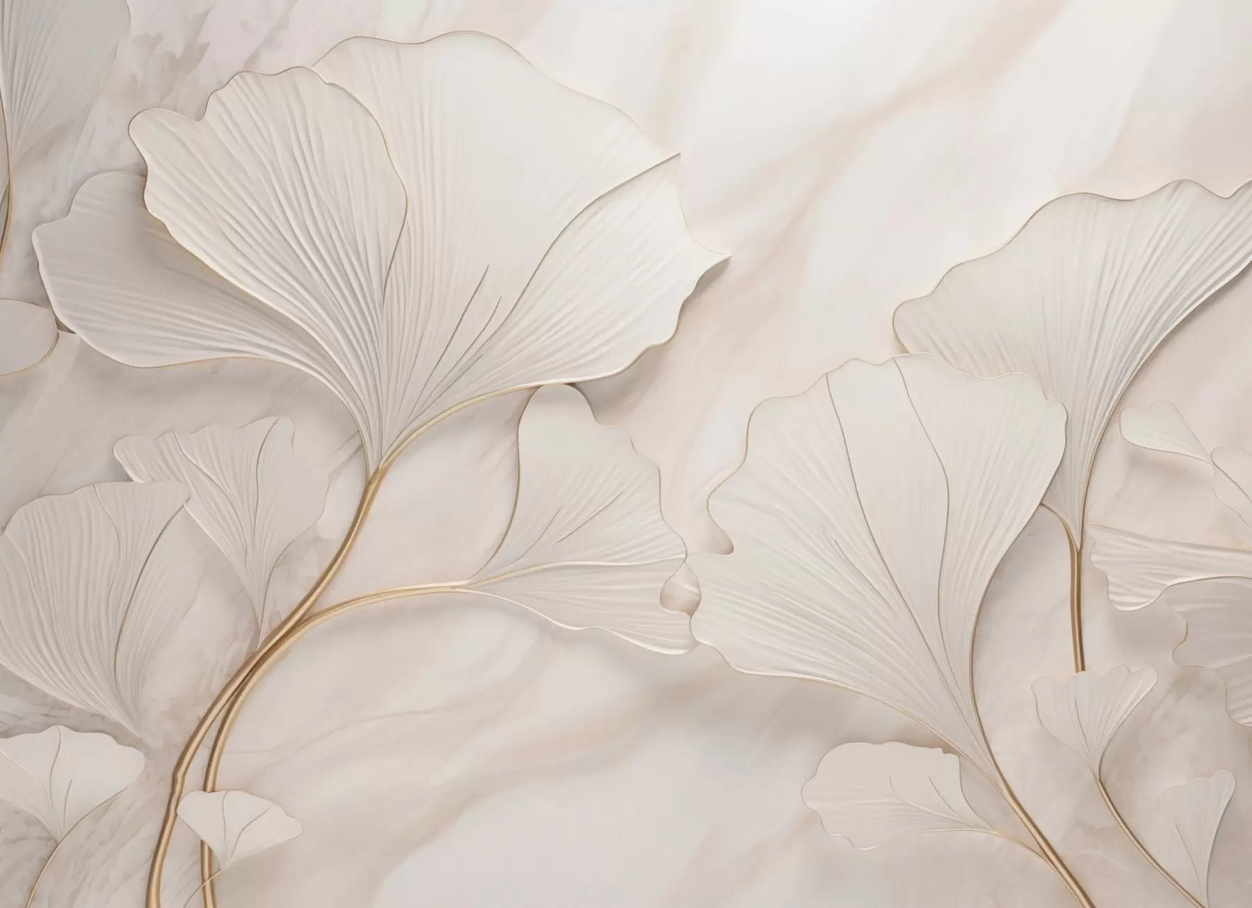 Carta da parati nature Foglie pastello su uno sfondo di marmo nei toni del beige 