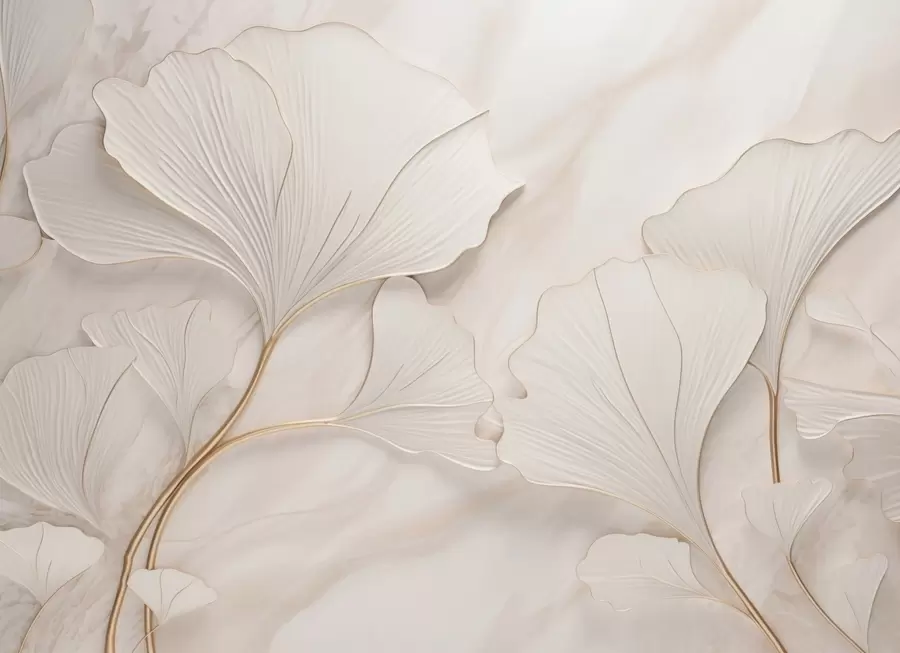 Carta da parati nature Foglie pastello su uno sfondo di marmo nei toni del beige 