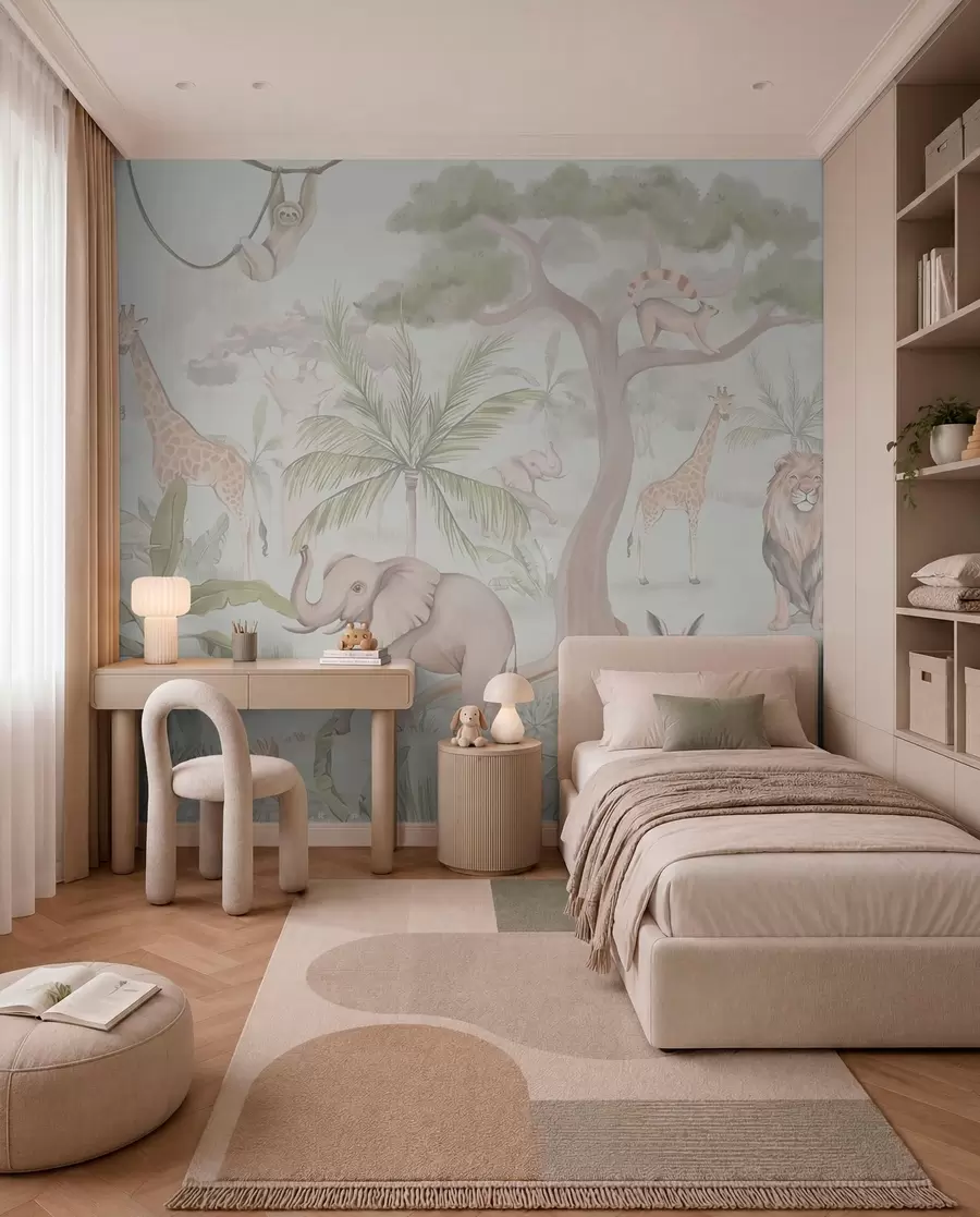 Carta da parati per Bambini Panorama della giungla con animali in colori chiari 