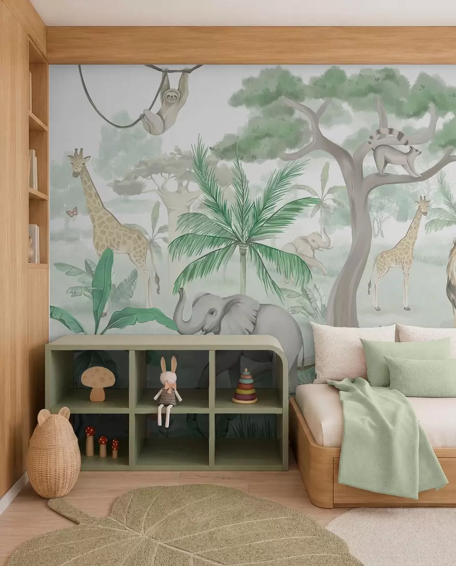 Carta da parati per Bambini Panorama della giungla con animali nei toni del verde 