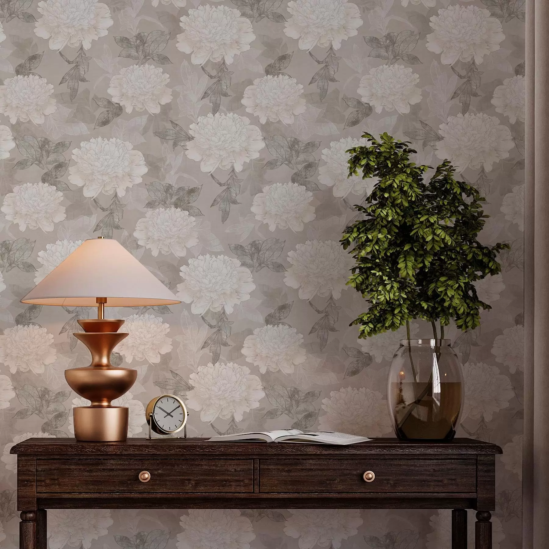 carta da parati Peonie e foglie di colore chiaro in stile grunge nr. a00005