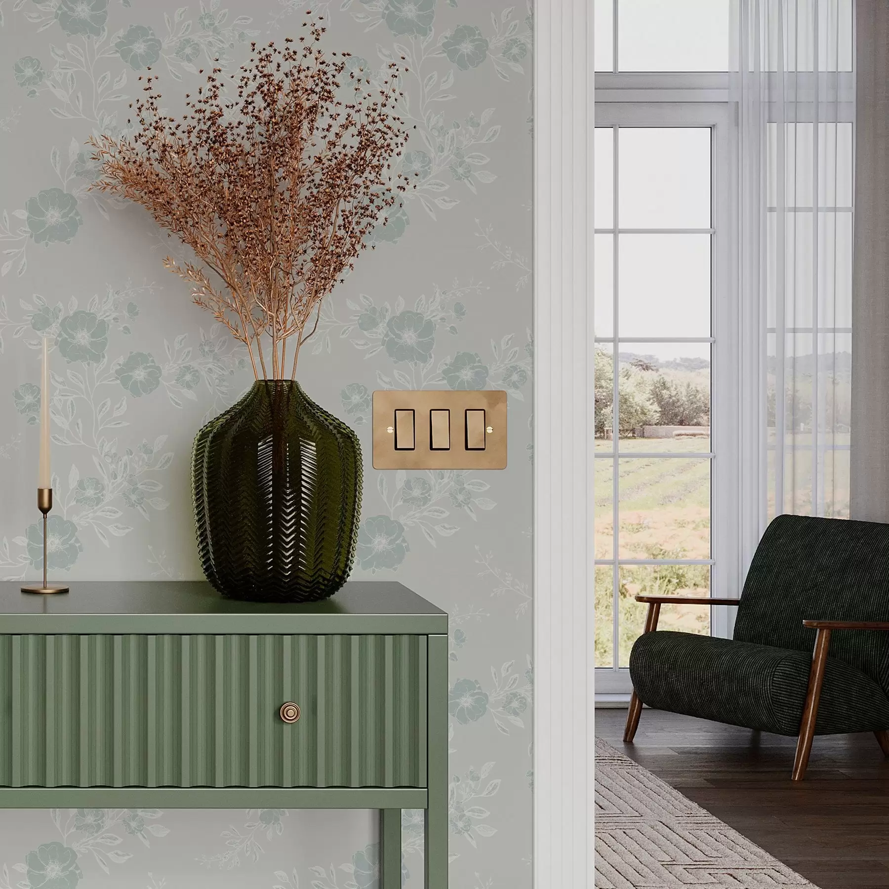 carta da parati Fiori con foglie chiare su sfondo blu nr. a00006v2