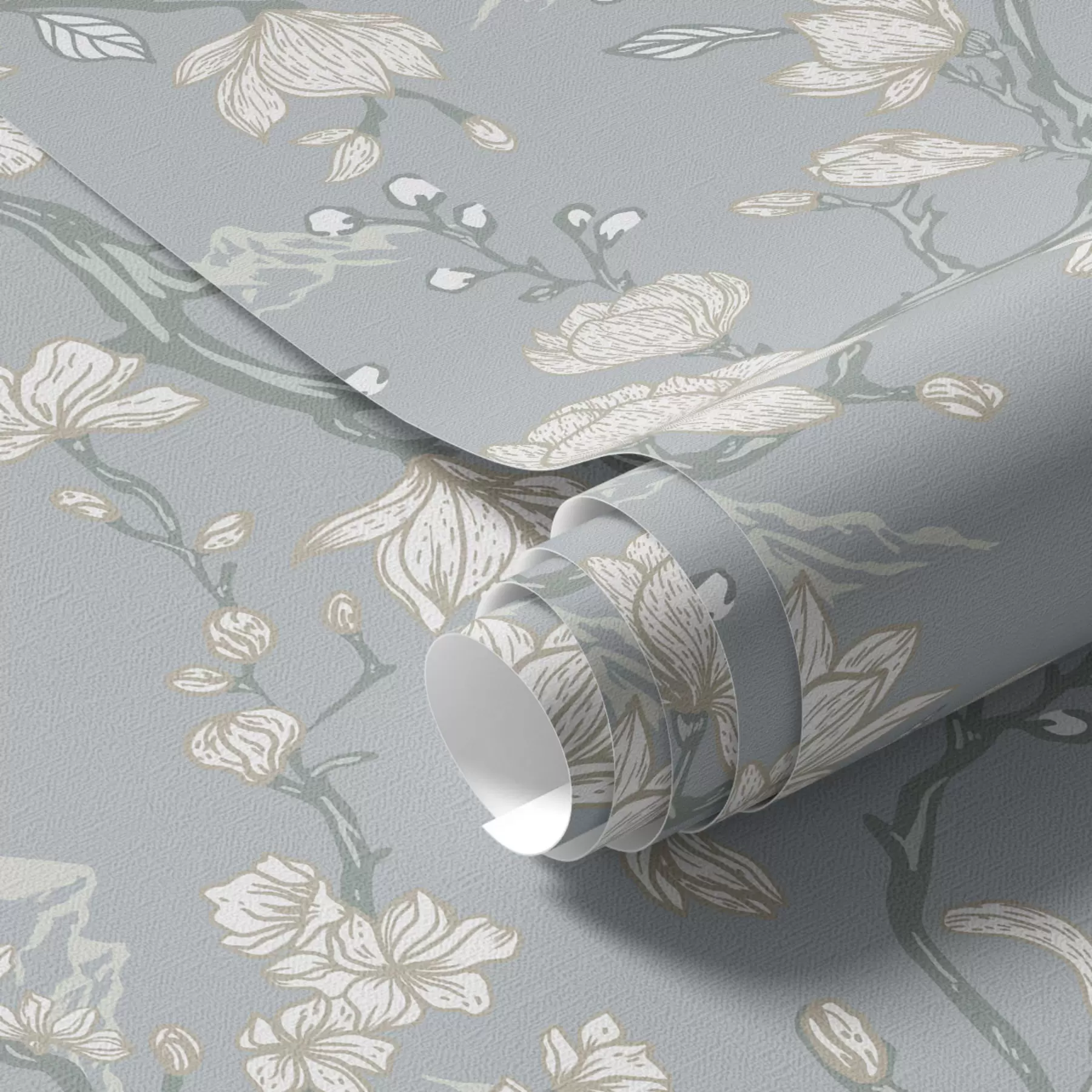 carta da parati Fiori bianchi su rami e montagne su uno sfondo blu nr. a00021