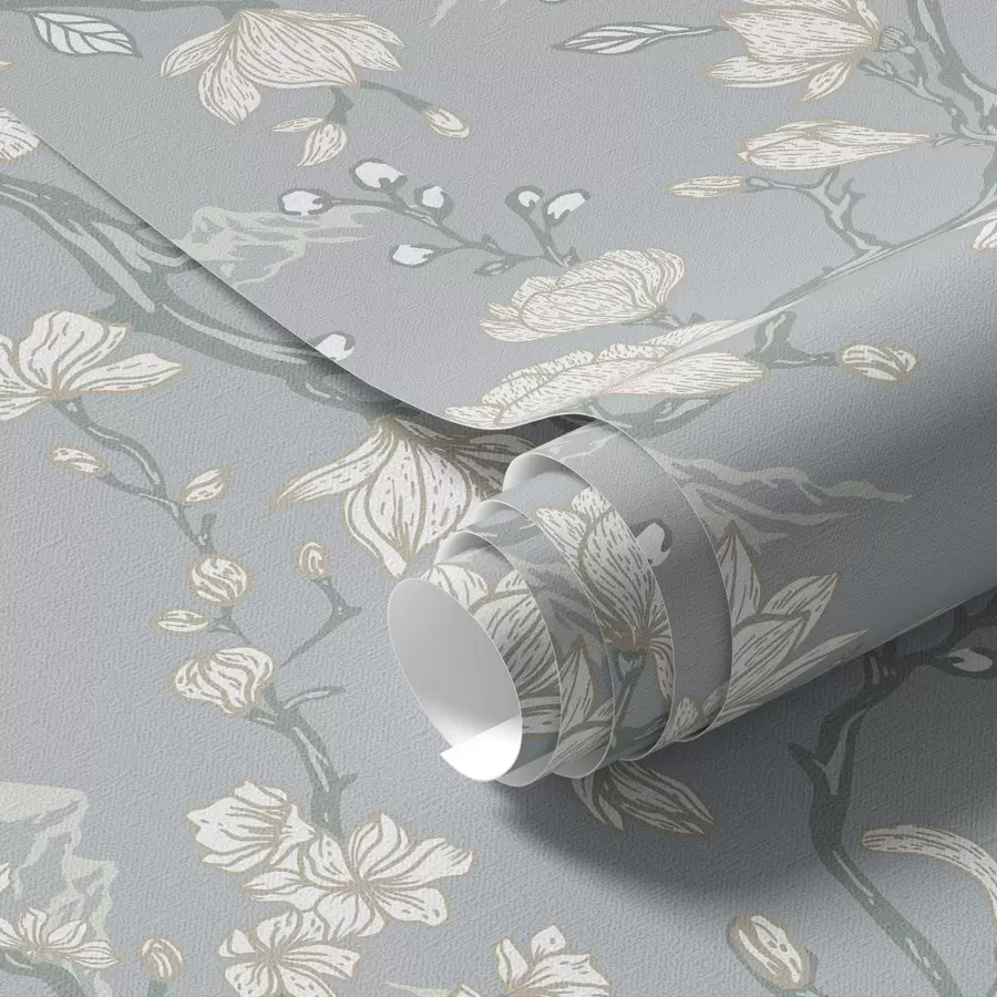 carta da parati Fiori bianchi su rami e montagne su uno sfondo blu nr. a00021