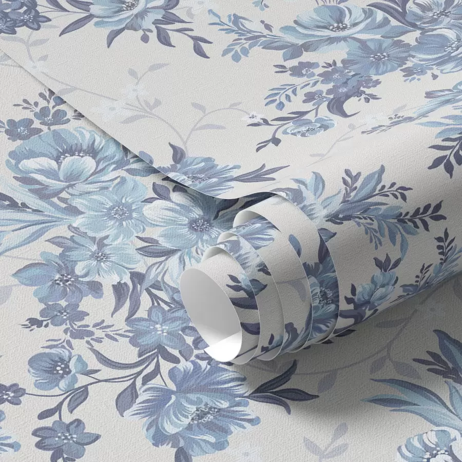 carta da parati Delicati fiori e foglie nei colori blu e azzurro su sfondo chiaro nr. a00027