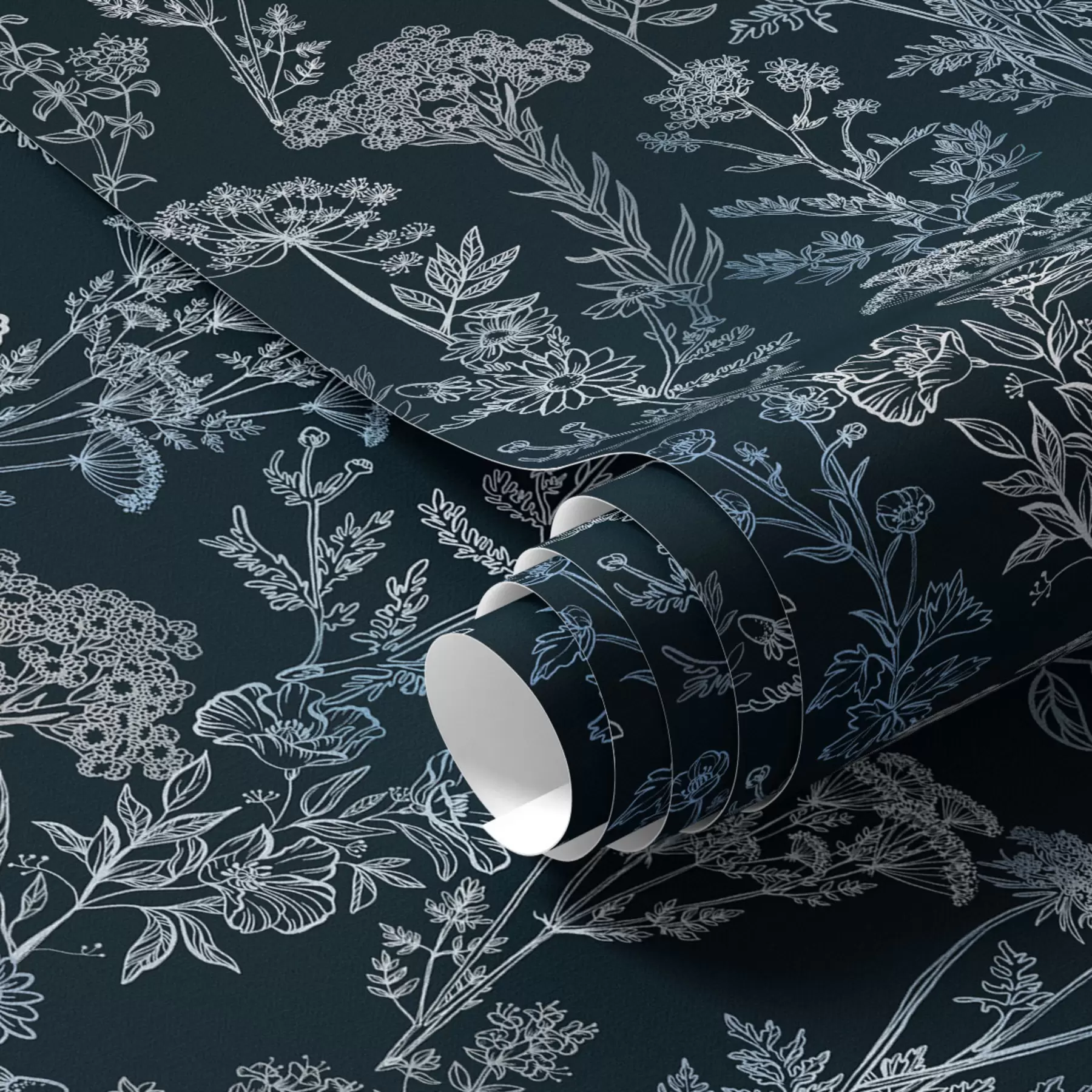 carta da parati Piante bianche e blu su sfondo scuro nr. a00029