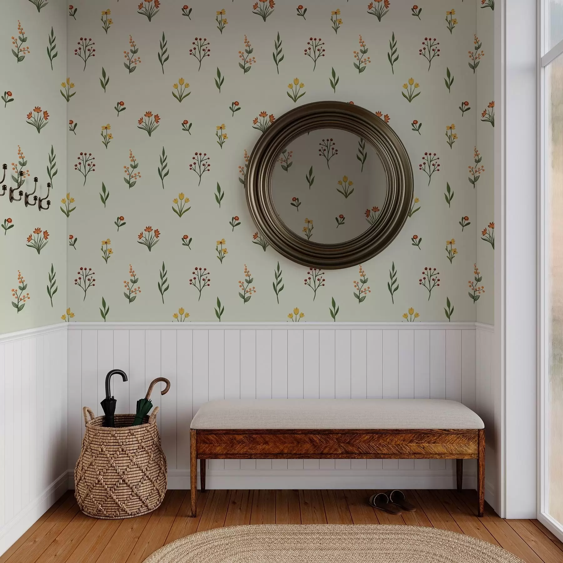 carta da parati Fiori minimalisti su sfondo verde chiaro nr. a00037