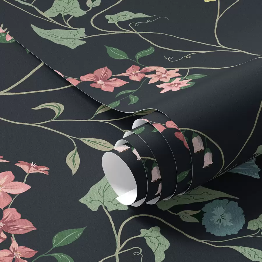 carta da parati Fiori, foglie e steli su sfondo scuro nr. a00047