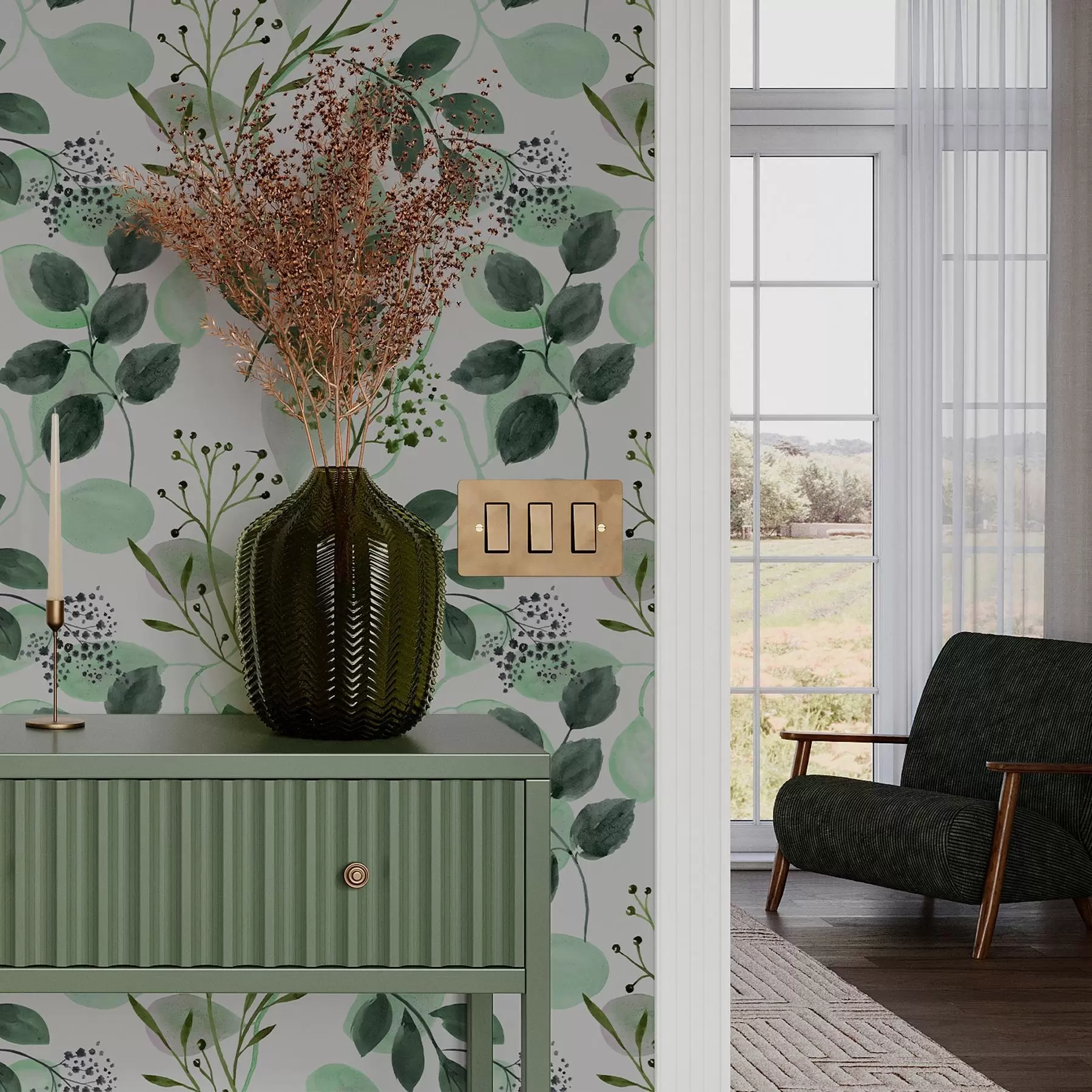 carta da parati Foglie d'autunno in stile acquerello nei toni del verde nr. a00048v1