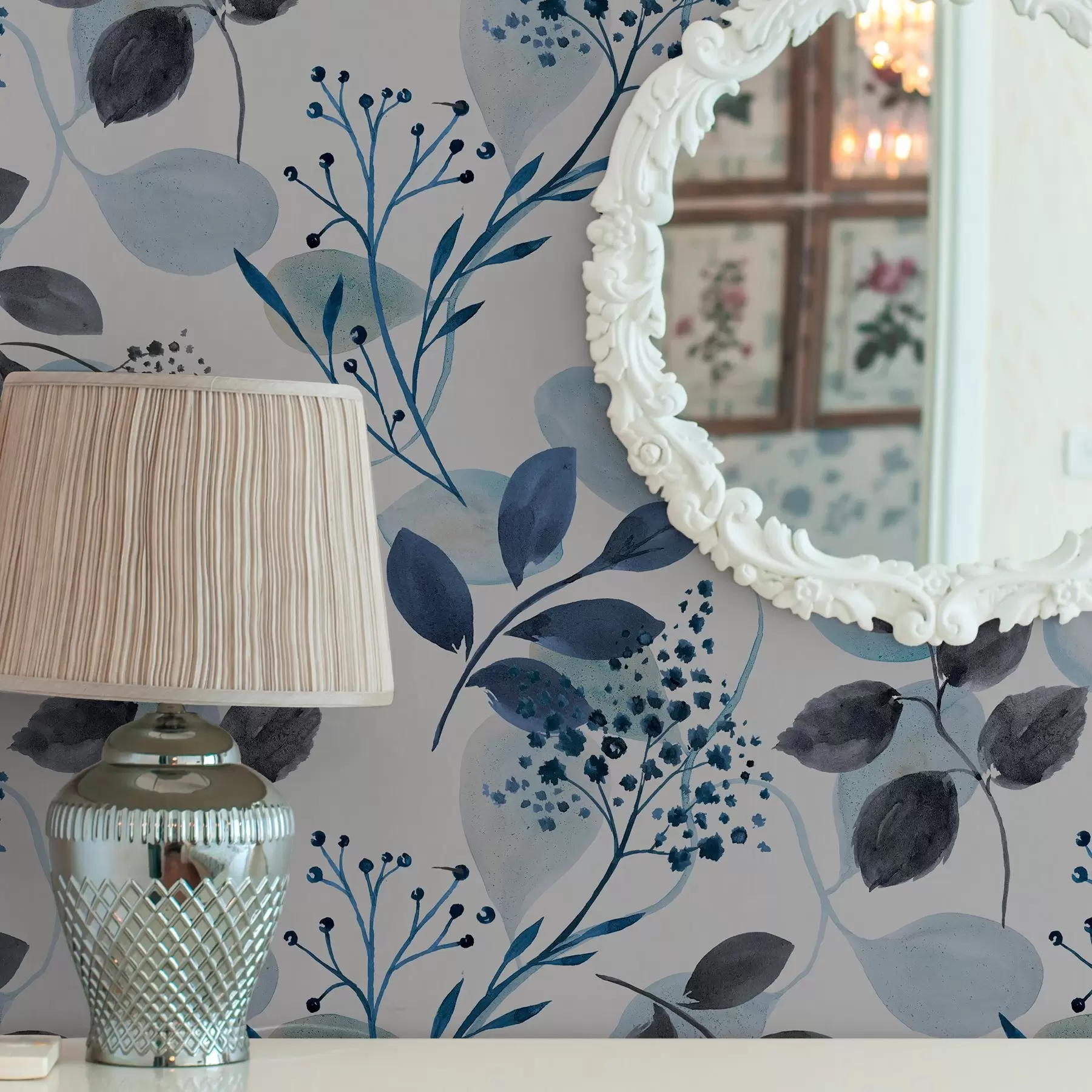 carta da parati Foglie d'autunno in stile acquerello nei toni del blu nr. a00048v2