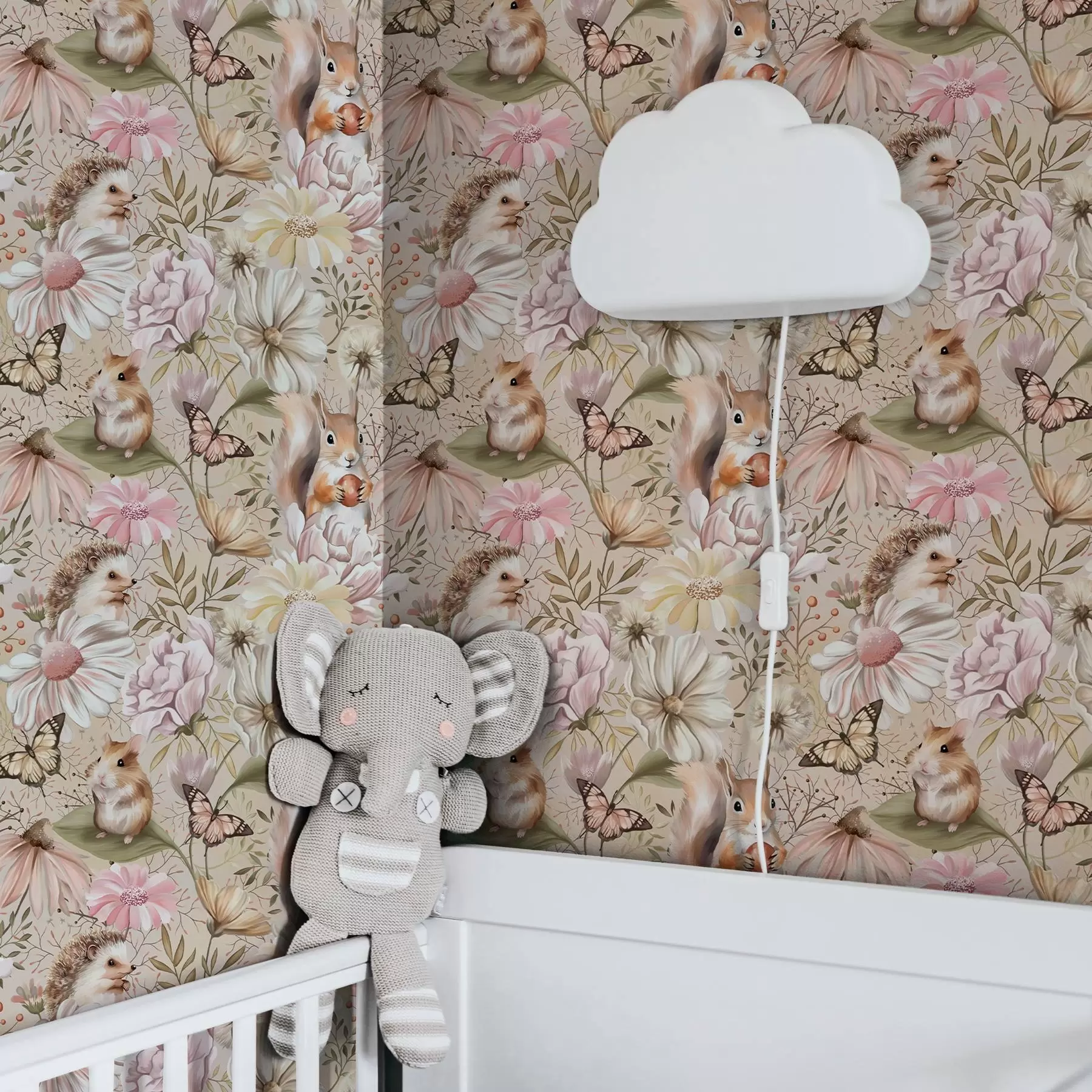 carta da parati Simpatici riccio, scoiattolo, criceto e farfalle con fiori in colori pastello nr. a00051