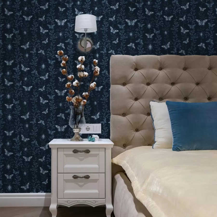 carta da parati Composizione con farfalle, foglie e insetti su sfondo blu nr. a00073