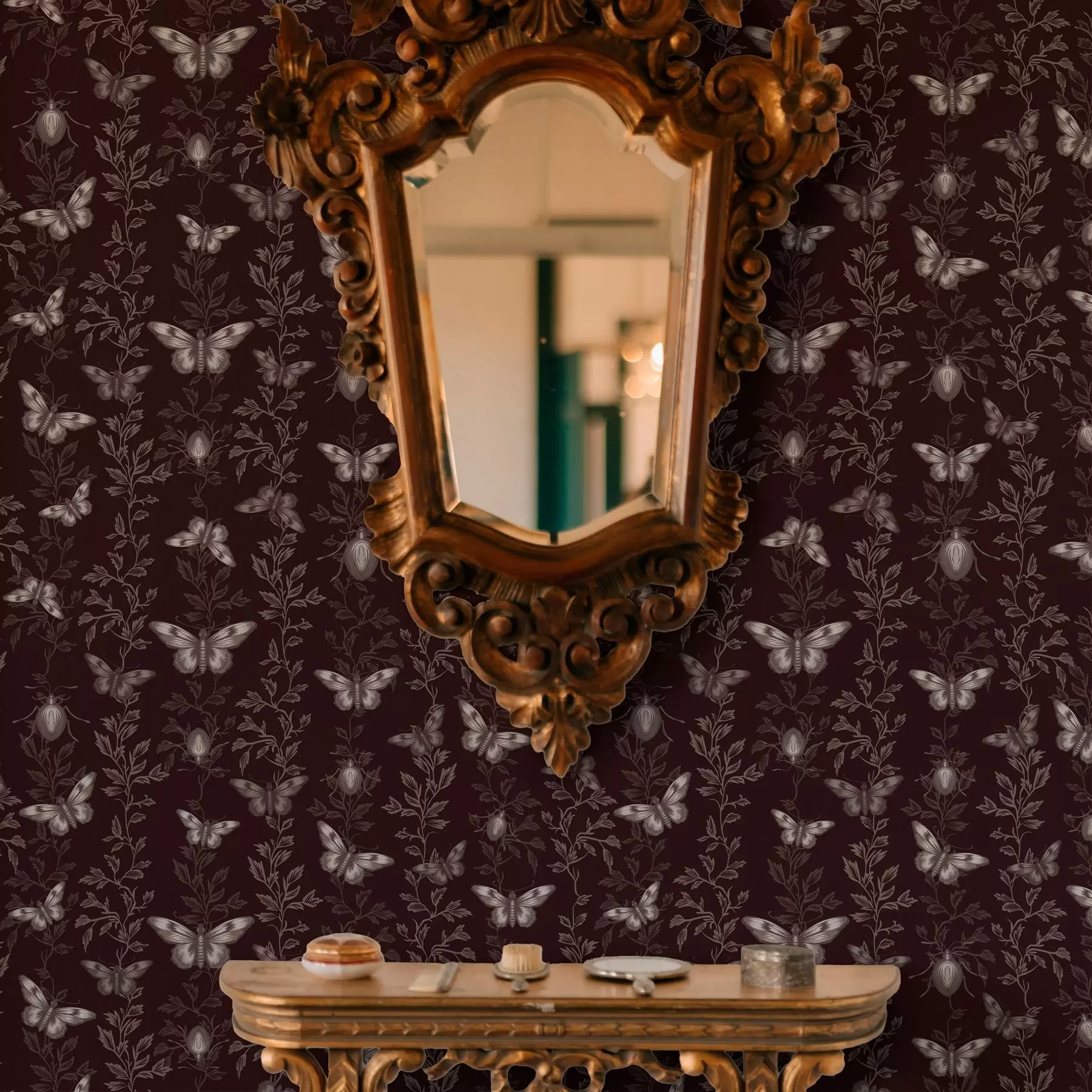 carta da parati Composizione con farfalle, foglie e insetti su sfondo scuro nr. a00073v1