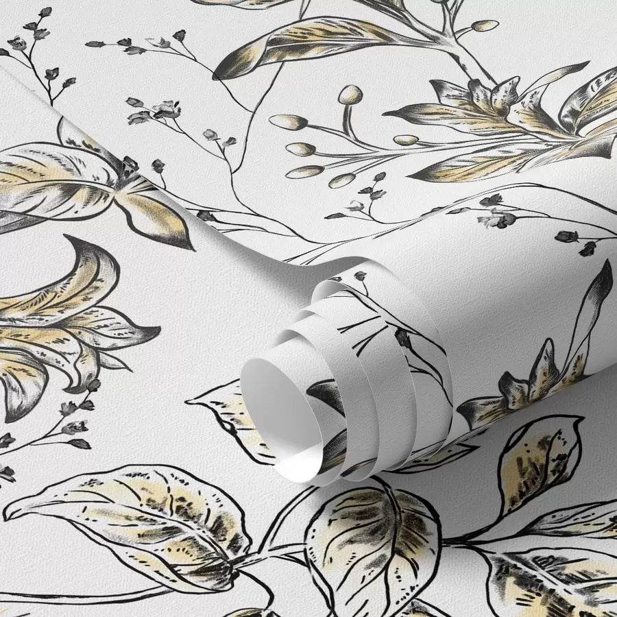 carta da parati Rami con foglie gialle su sfondo bianco nr. a00098