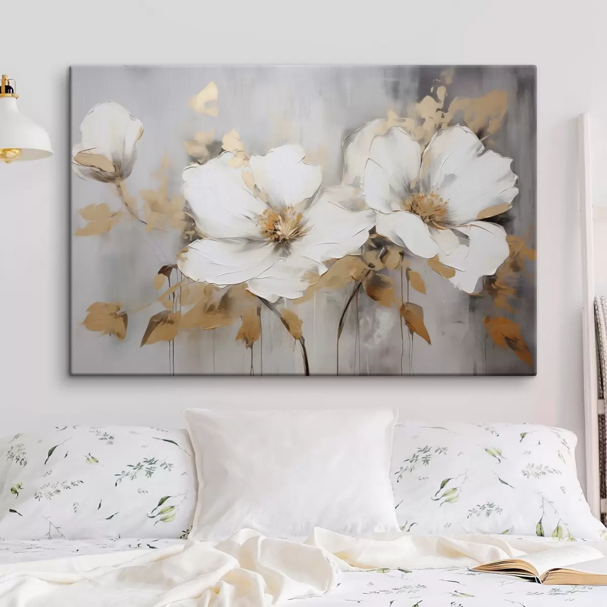carta da parati Fiori bianchi con foglie gialle su sfondo bianco, imitazione di pennellate spesse, stile moderno strutturato nr. s43389