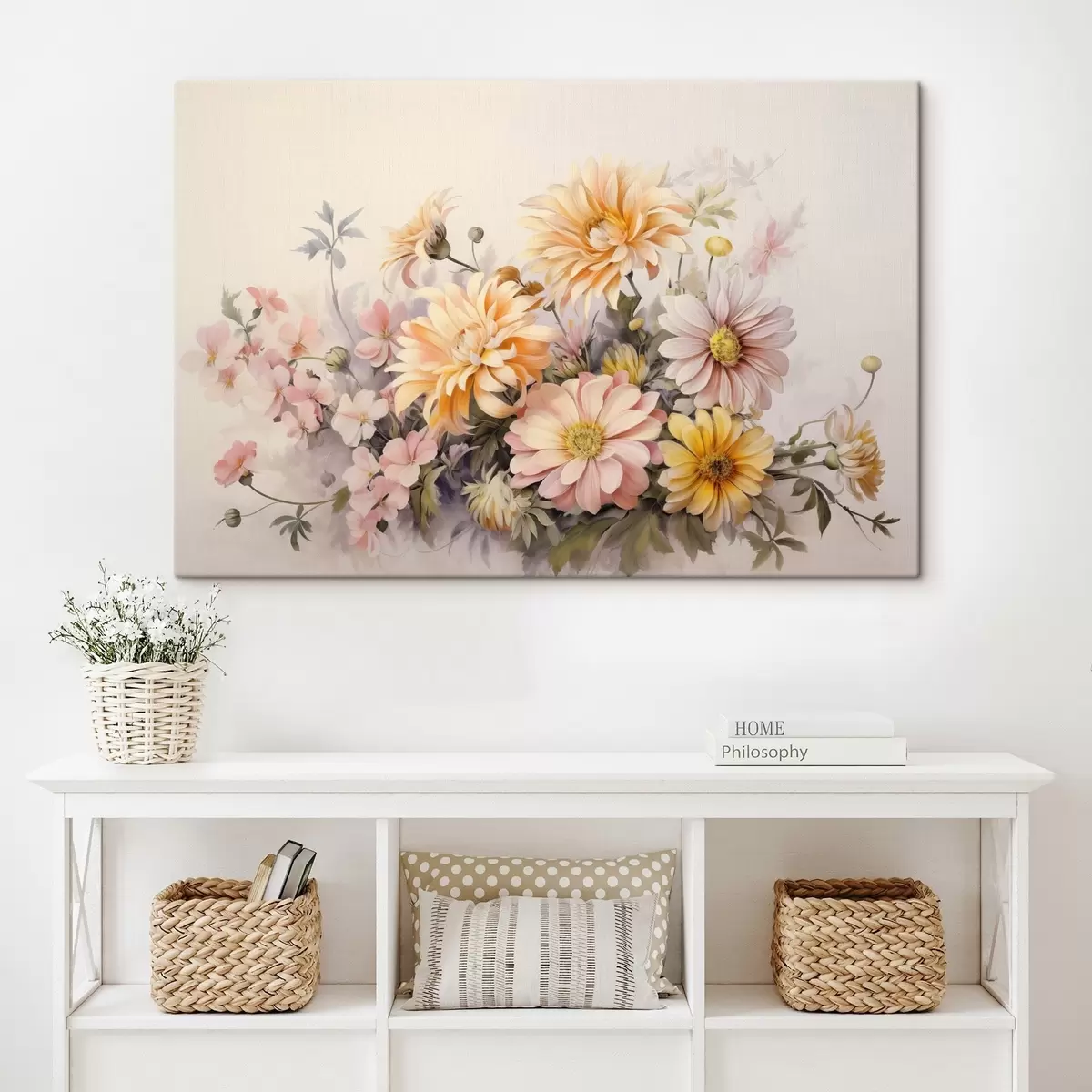 carta da parati Una collezione di fiori rosa, gialli e arancioni, sfondo chiaro, colori tenui, stile vintage, illustrazione botanica nr. s43401