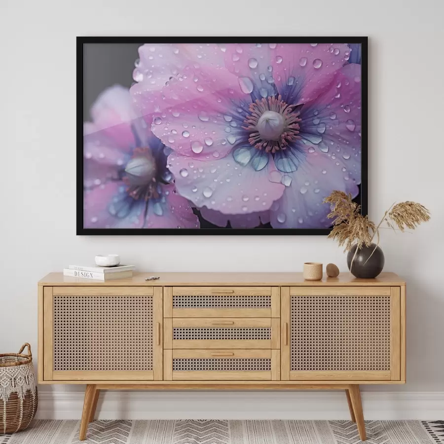 carta da parati Fiori rosa e viola in piena fioritura ricoperti di gocce d'acqua, su sfondo scuro nr. f43394