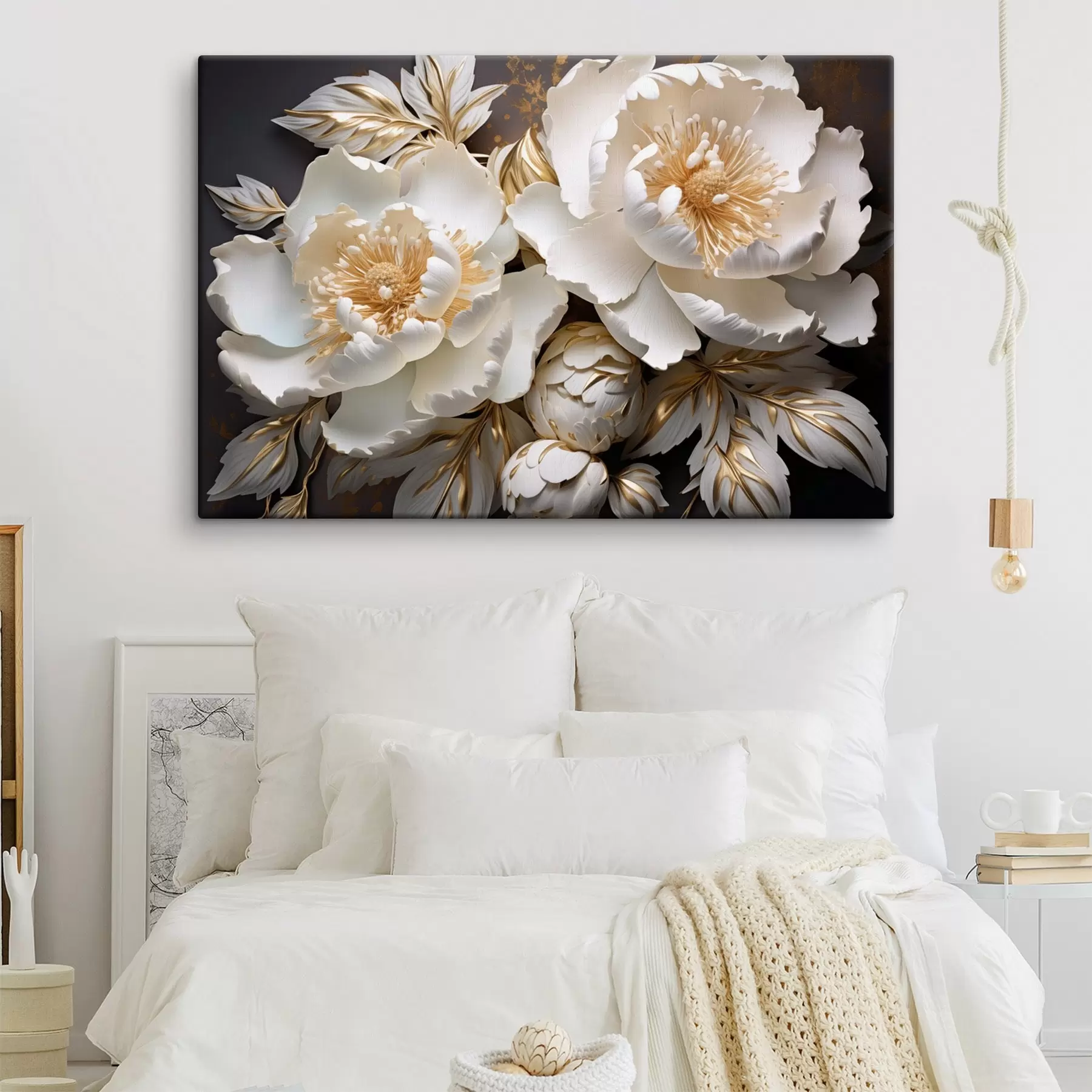 carta da parati Peonie bianche e gialle con foglie, dettagli intricati, arte decorativa, sfondo scuro nr. s43399