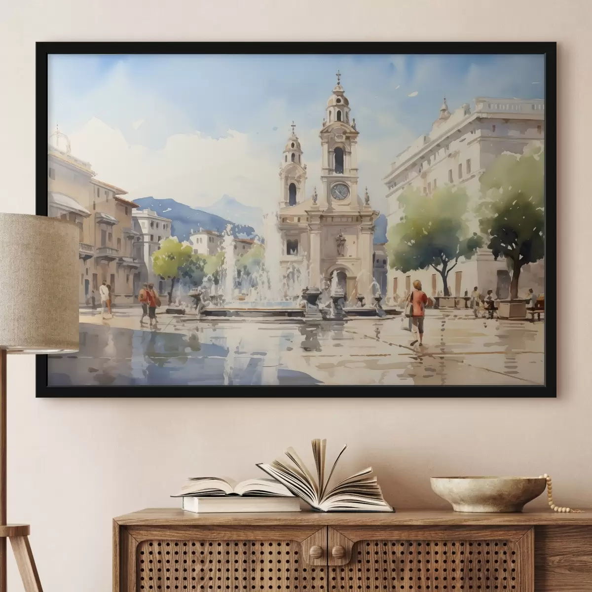 Poster Paesaggio urbano astratto con torre e fontana in una piazza, montagne in lontananza, stile acquerello  f43397