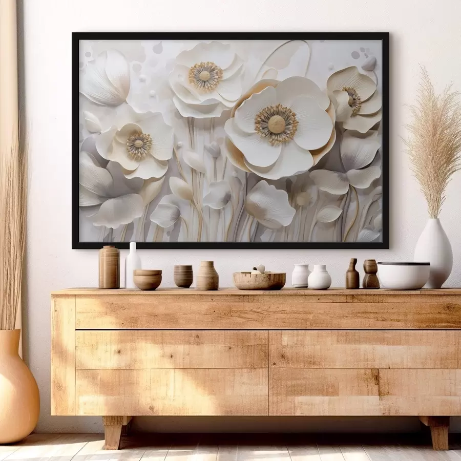 carta da parati Fiori di anemone bianchi con centri gialli, con sfondo minimalista, che creano un delicato disegno floreale nr. f43400