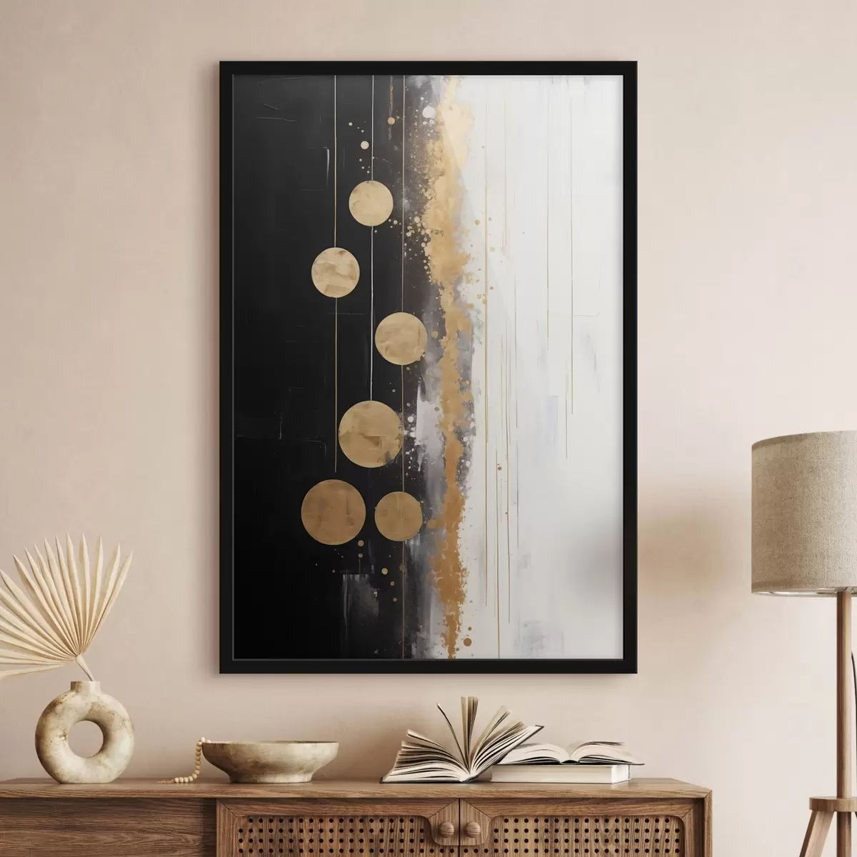 Poster Arte astratta con cerchi gialli appesi su sfondo bianco e nero con macchie bianche e gialle f43410