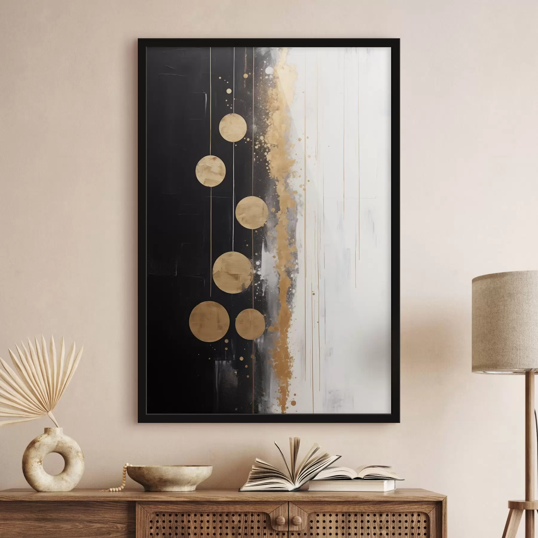 carta da parati Arte astratta con cerchi gialli appesi su sfondo bianco e nero con macchie bianche e gialle nr. f43410