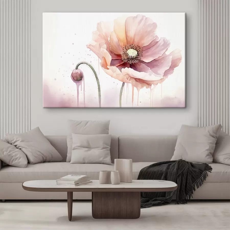 carta da parati Un fiore di papavero rosa con un bocciolo su sfondo bianco, imitazione di pittura ad acquerello con sgocciolature, colori tenui nr. s43402