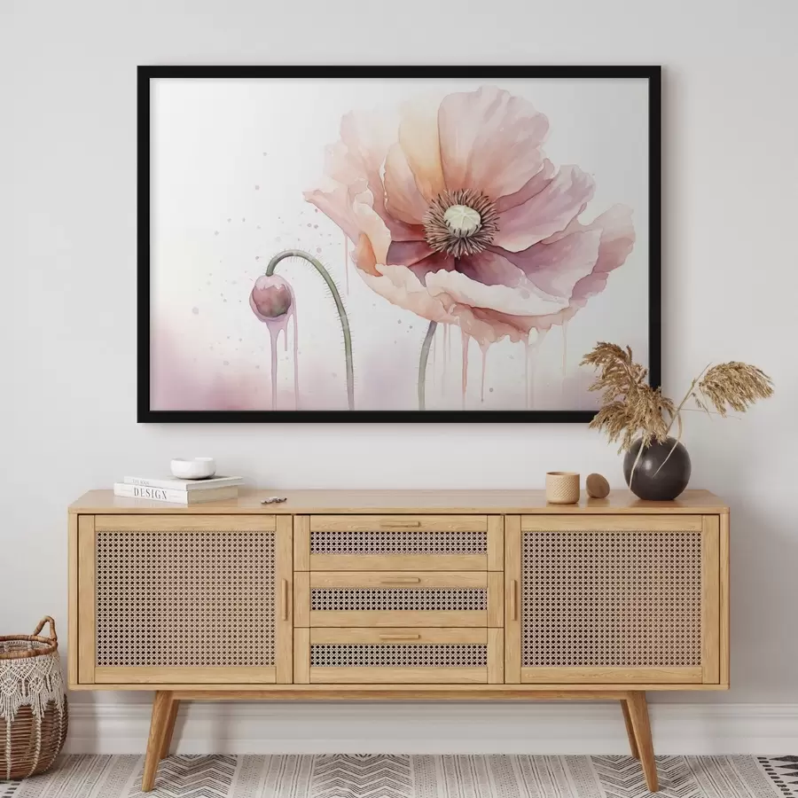 carta da parati Un fiore di papavero rosa con un bocciolo su sfondo bianco, imitazione di pittura ad acquerello con sgocciolature, colori tenui nr. f43402