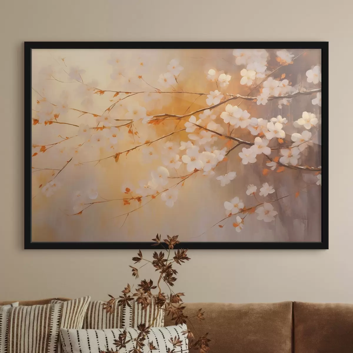 Poster Rami di ciliegio in fiore con fiori arancioni, tavolozza di colori caldi, su uno sfondo sfocato di tonalità gialle f43407