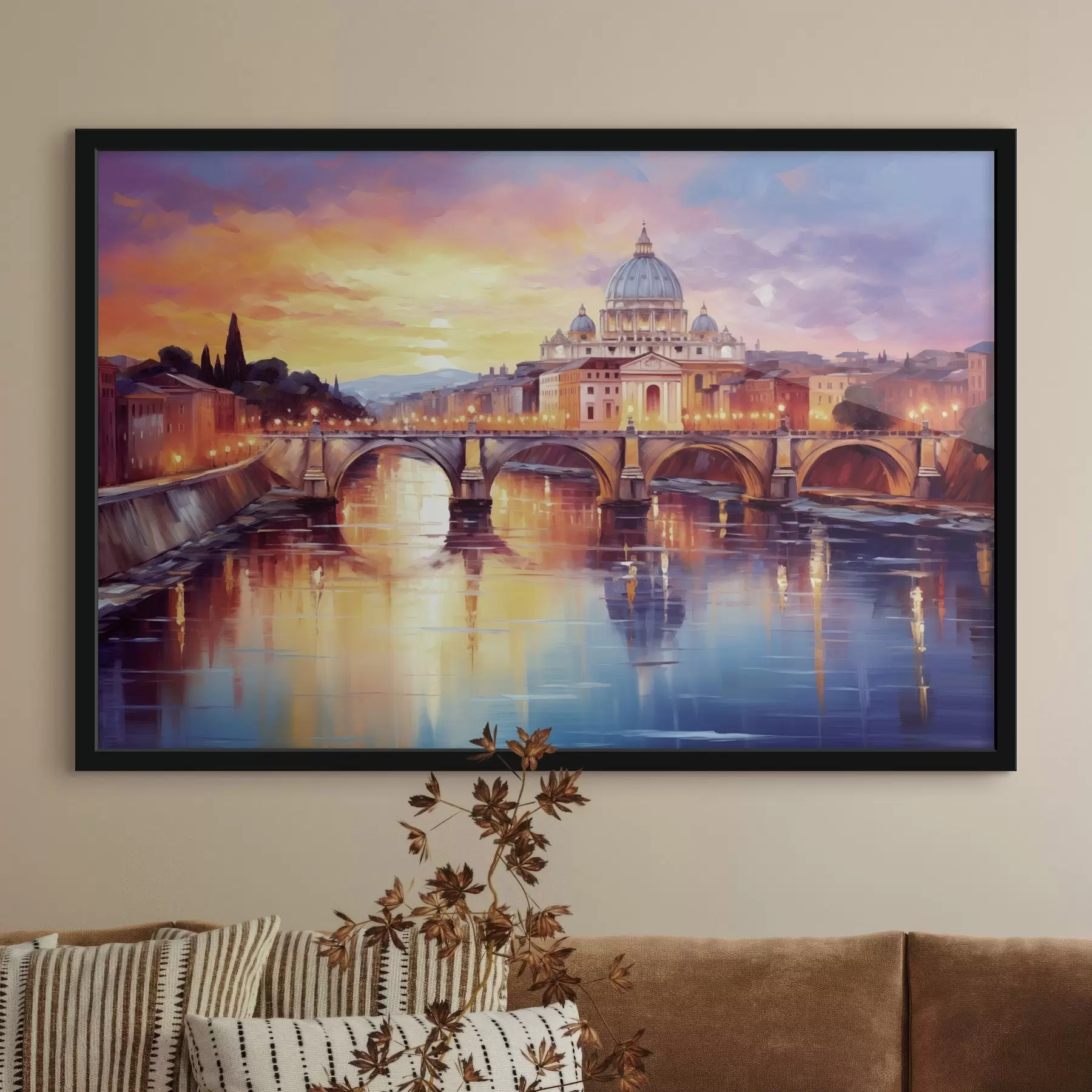 carta da parati Basilica di San Pietro e ponte sul fiume al tramonto, colori caldi, riflesso nell'acqua, stile pittura ad olio nr. f43396