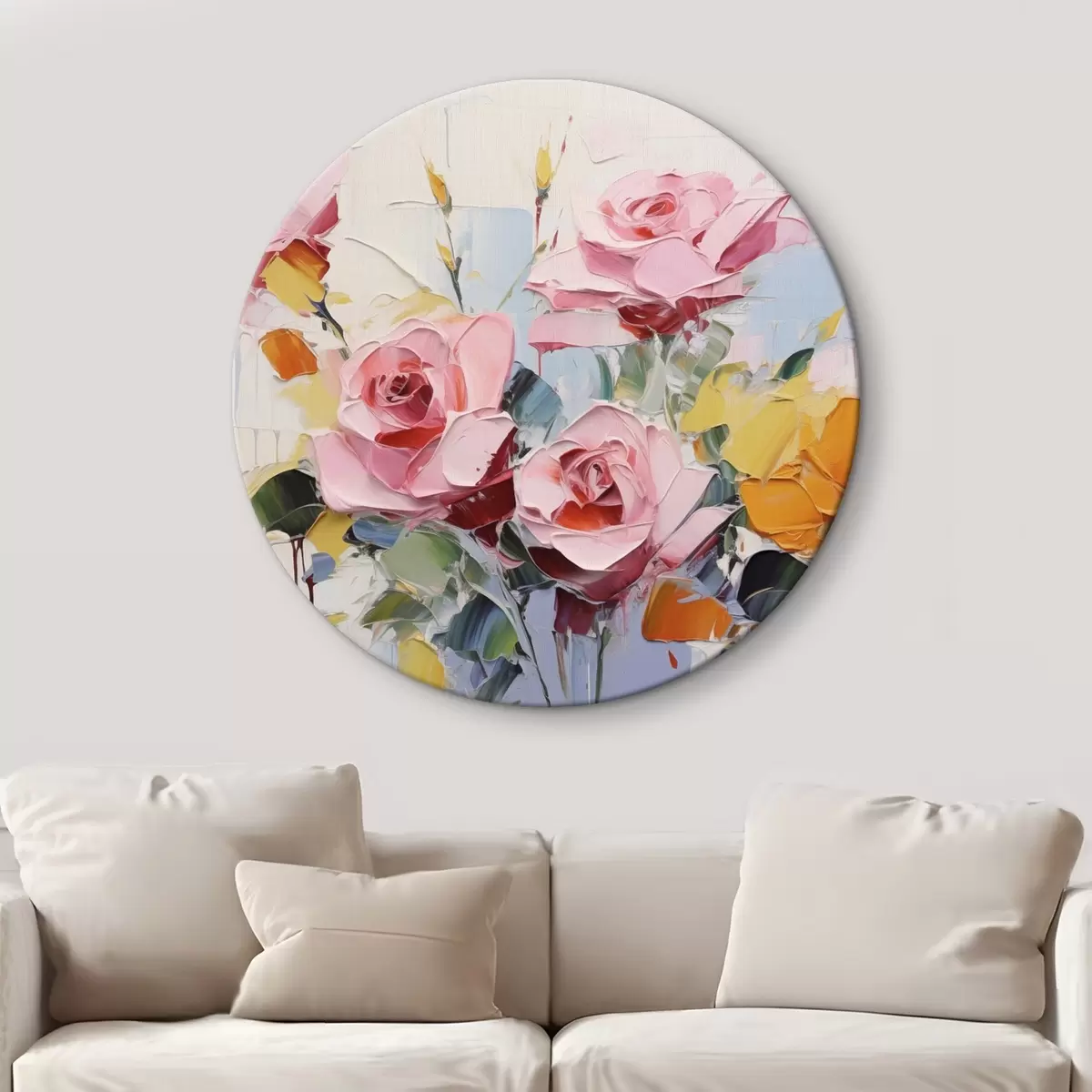Quadri rotondi Arte astratta moderna di rose rosa e gialle con foglie, pennellate spesse, imitazione della pittura ad olio, colori pastello r43392