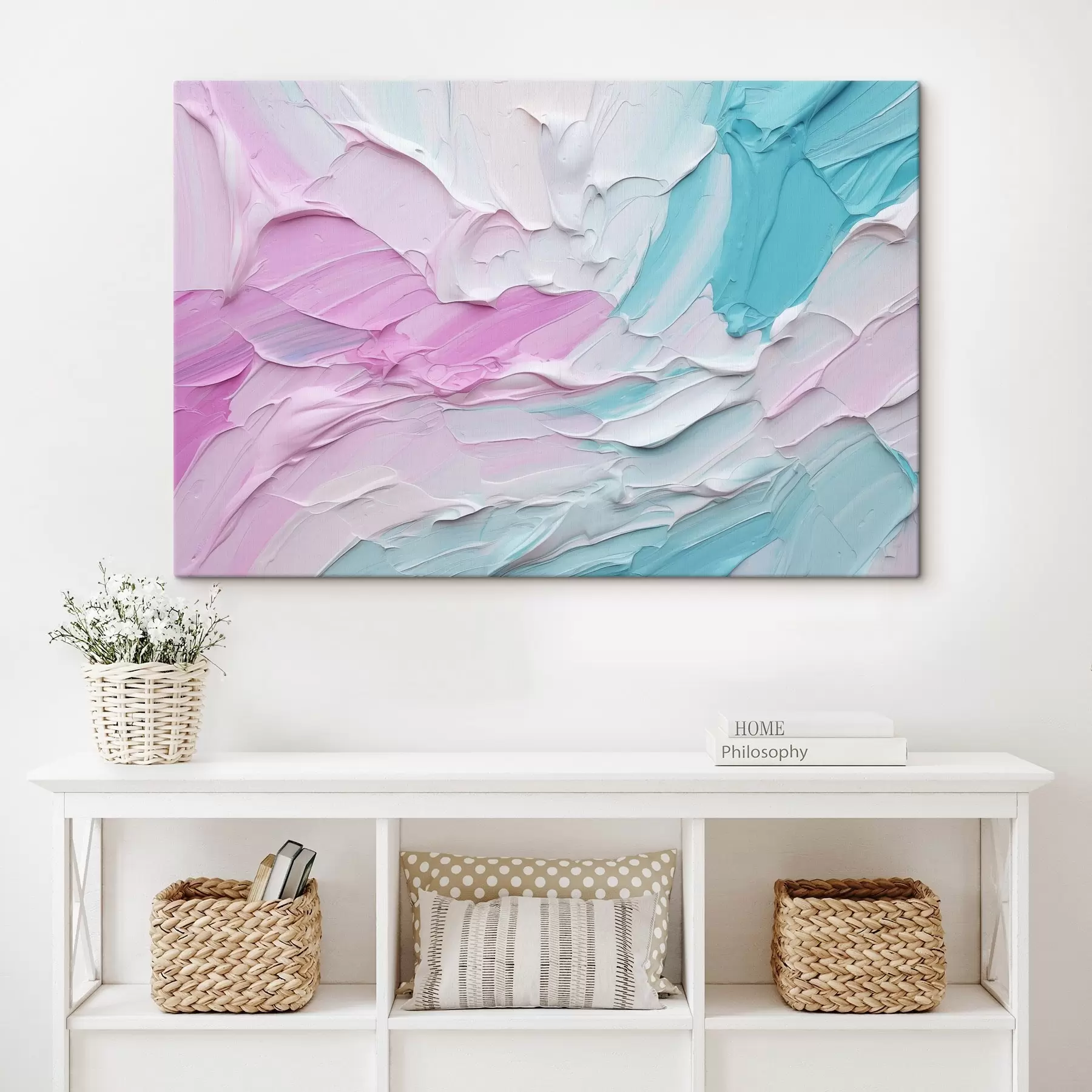 carta da parati Un'imitazione astratta di pittura a olio con spesse pennellate di colore rosa, bianco e turchese, che creano un effetto strutturato nr. s43393