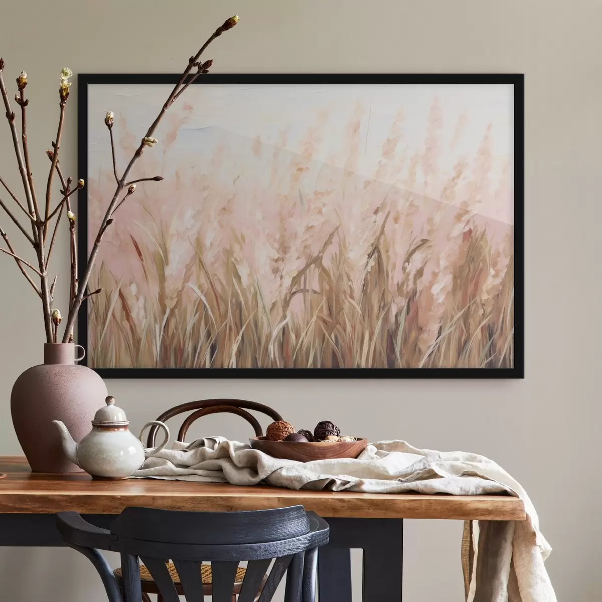 Poster Campo di erba della pampa con toni rosa e marroni, pennellate morbide, imitazione astratta di pittura ad olio f43403