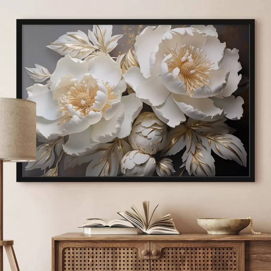 carta da parati Peonie bianche e gialle con foglie, dettagli intricati, arte decorativa, sfondo scuro nr. f43399