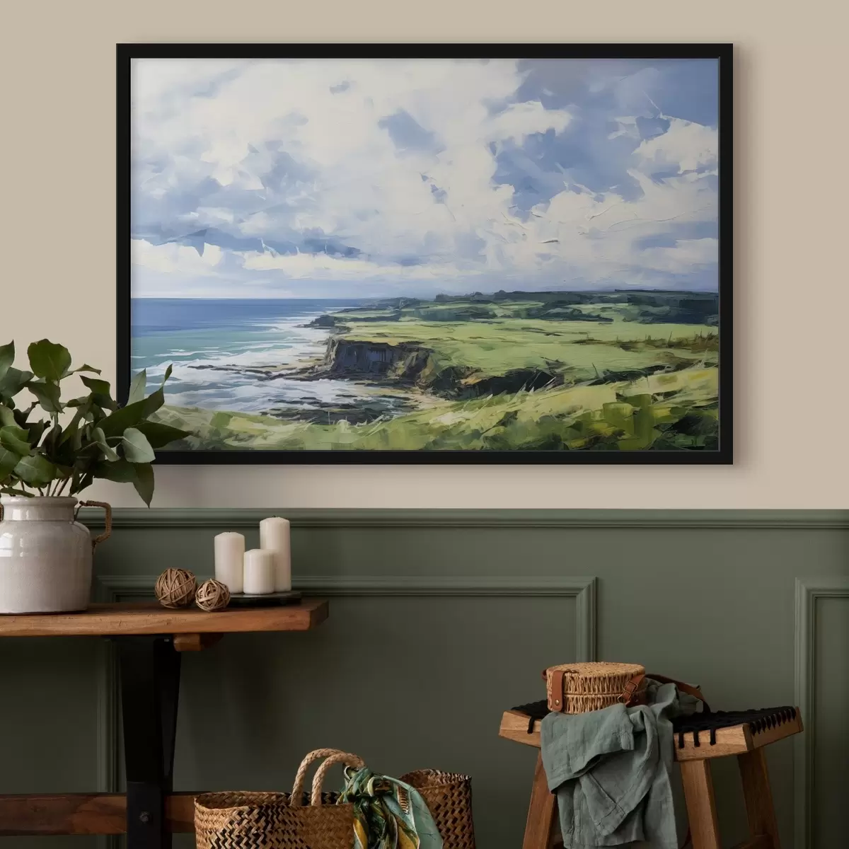 Poster Campo verde con una scogliera sulla costa, mare blu con le onde, cielo nuvoloso, minimalista moderna pittura ad olio imitazione f43406