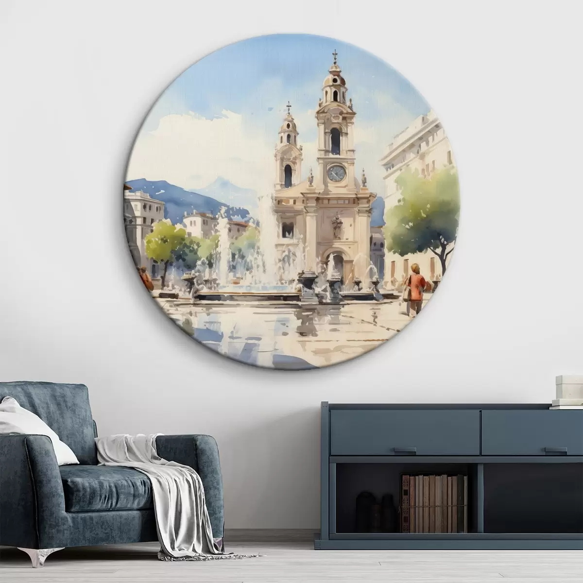 Quadri rotondi Paesaggio urbano astratto con torre e fontana in una piazza, montagne in lontananza, stile acquerello r43397