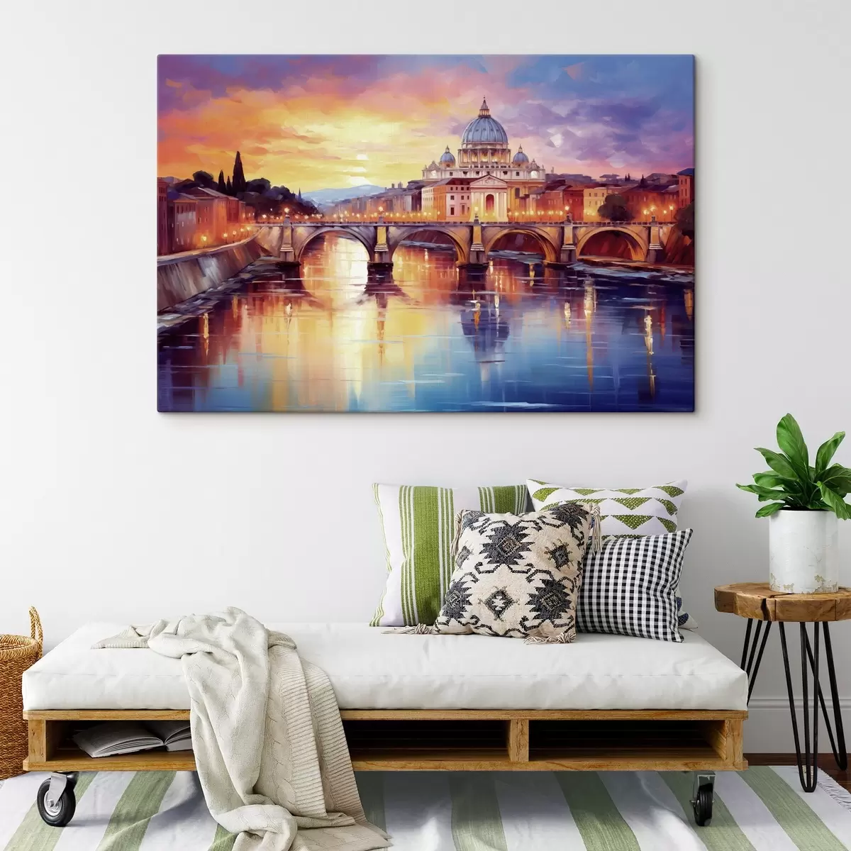 carta da parati Basilica di San Pietro e ponte sul fiume al tramonto, colori caldi, riflesso nell'acqua, stile pittura ad olio nr. s43396