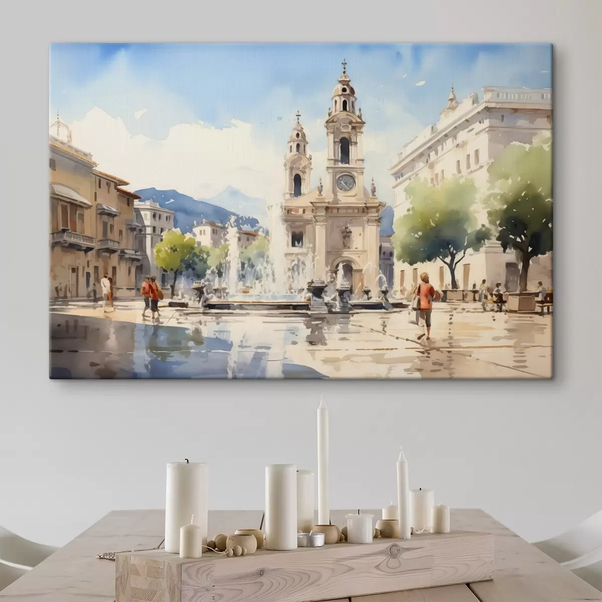 carta da parati Paesaggio urbano astratto con torre e fontana in una piazza, montagne in lontananza, stile acquerello nr. s43397