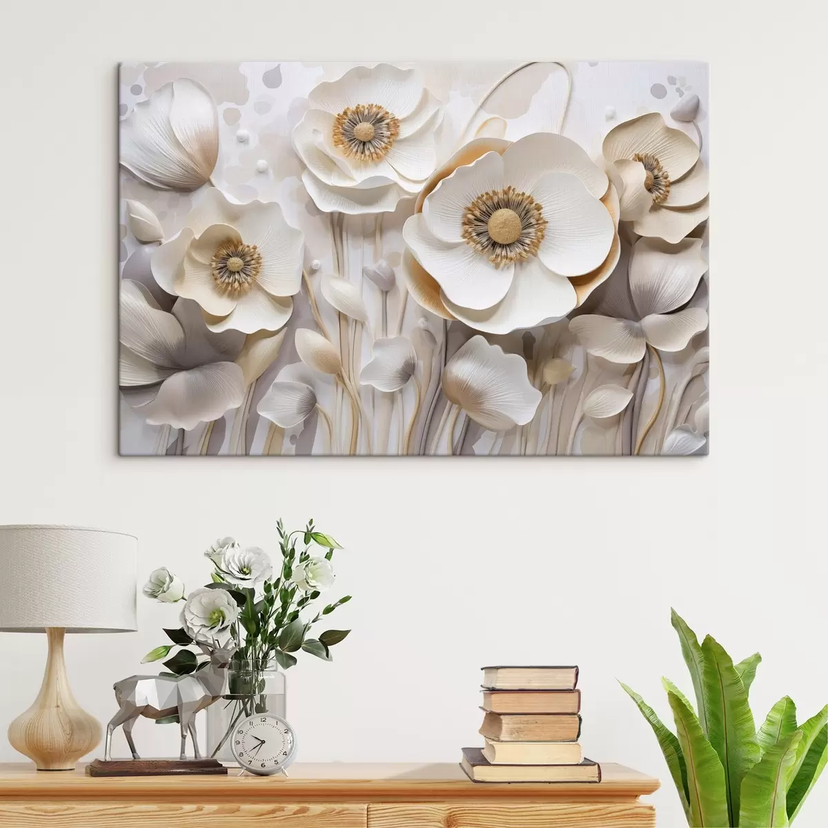 carta da parati Fiori di anemone bianchi con centri gialli, con sfondo minimalista, che creano un delicato disegno floreale nr. s43400