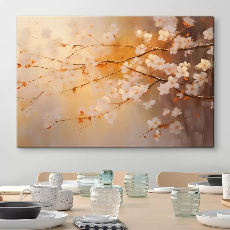 carta da parati Rami di ciliegio in fiore con fiori arancioni, tavolozza di colori caldi, su uno sfondo sfocato di tonalità gialle nr. s43407