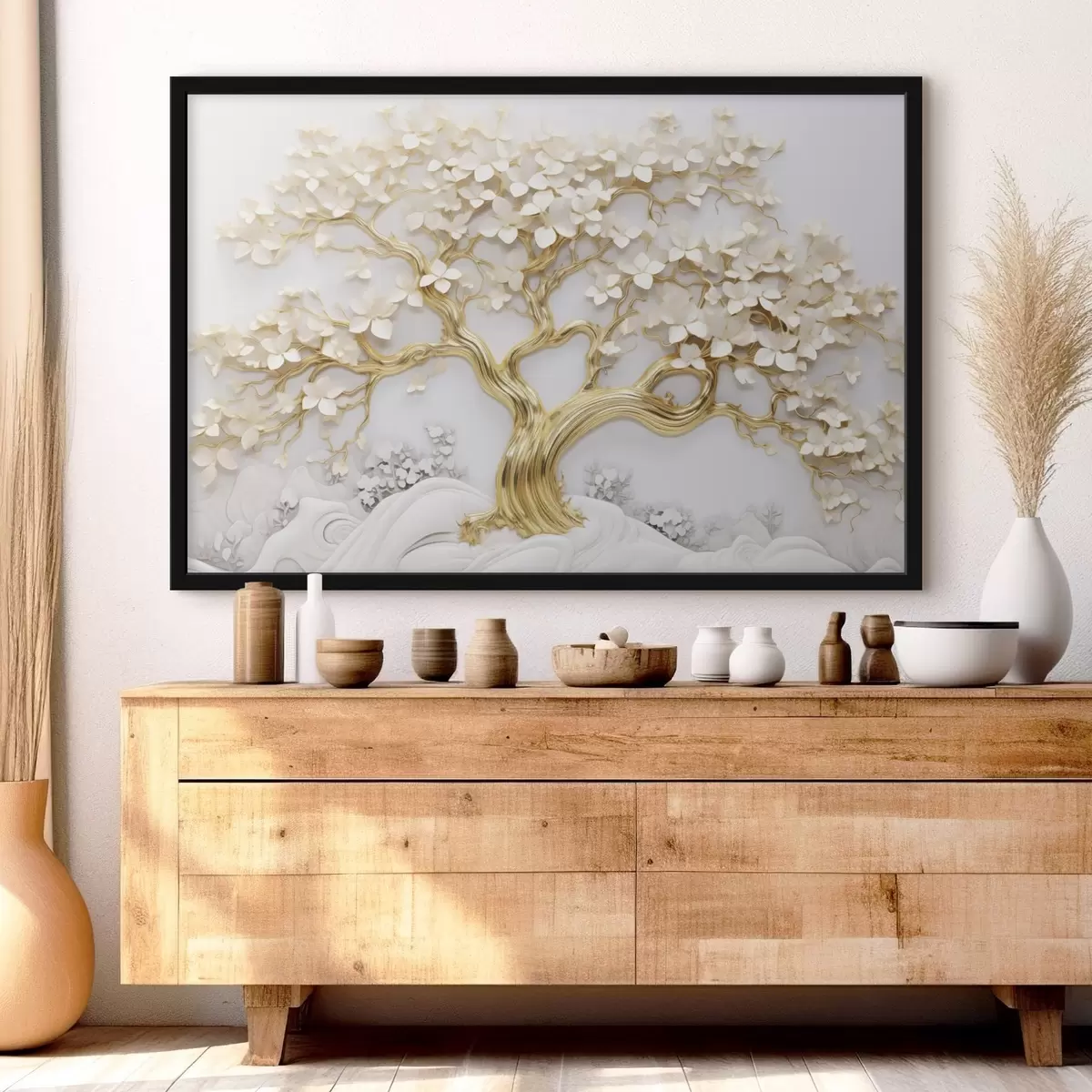 Poster Albero decorativo con fiori bianchi, sfondo bianco, rocce bianche, dettagli intricati, arte ispirata alla natura f43388