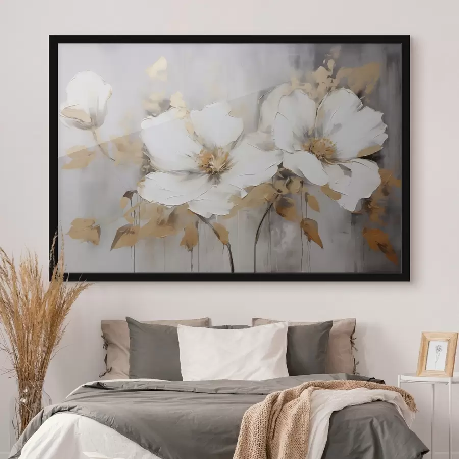 carta da parati Fiori bianchi con foglie gialle su sfondo bianco, imitazione di pennellate spesse, stile moderno strutturato nr. f43389